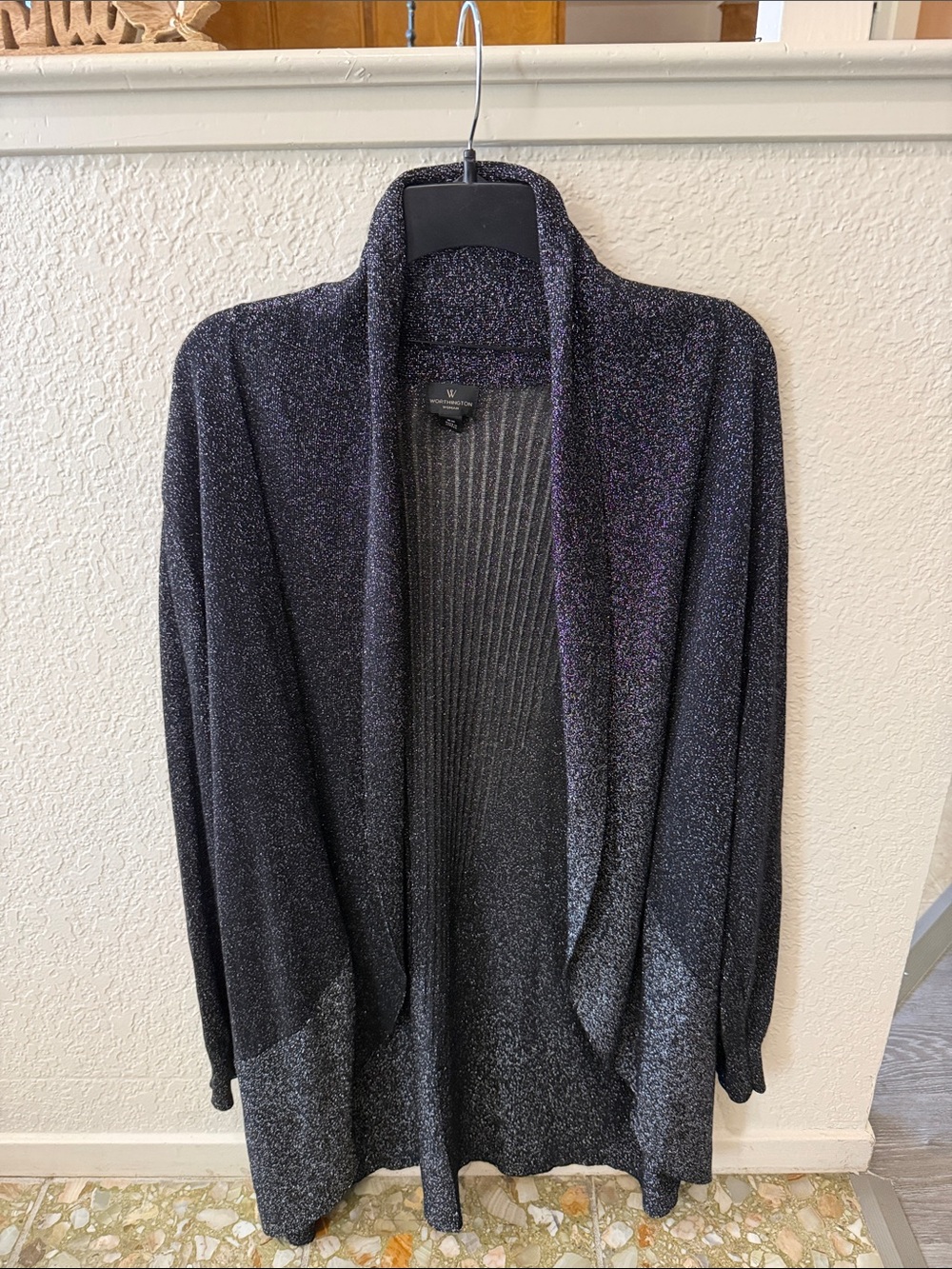 Worthington Black and Purple Shimmer Open-Front Cardigan